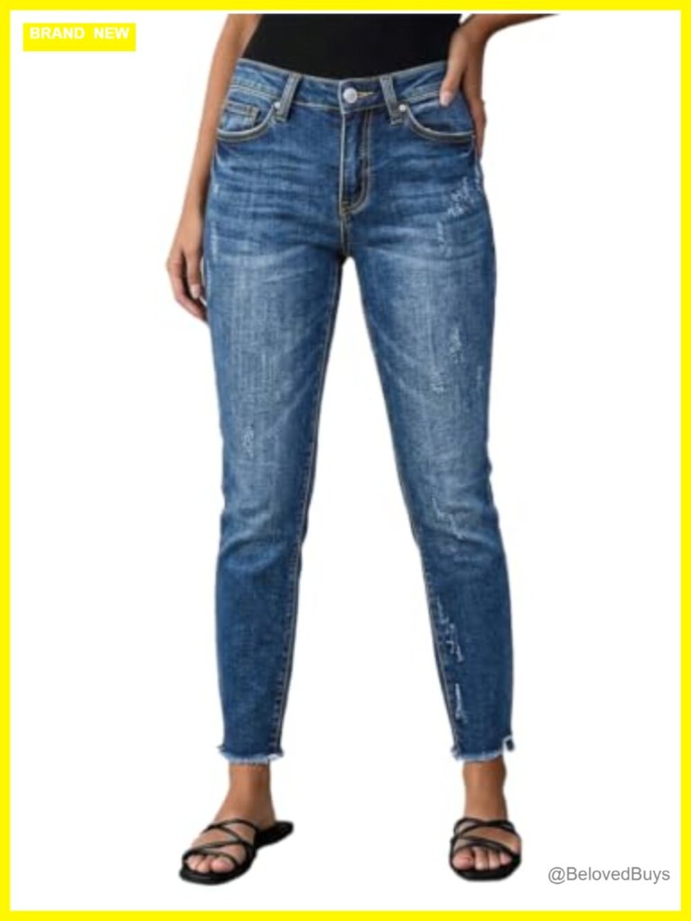 Straight Leg Capri Cropped Jeans Mid Rise Raw Hem Ripped Denim
